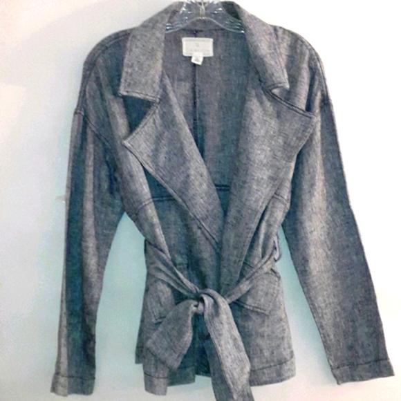 LINEN Jacket TOP Jacket Belted Navy White Loose Fit Size Medium P - Picture 2 of 6